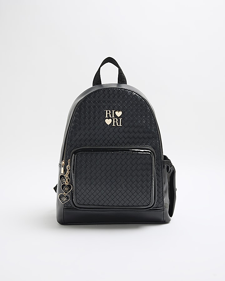 Girls Black Faux Leather Weave Backpack River Island