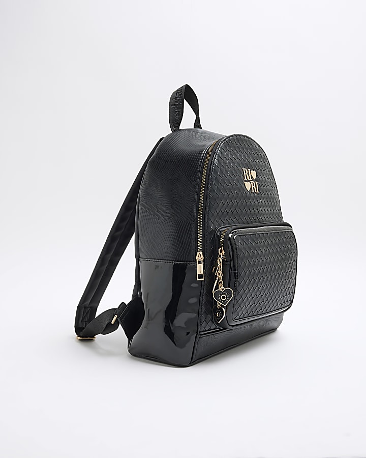 Girls Black Faux Leather Weave Backpack