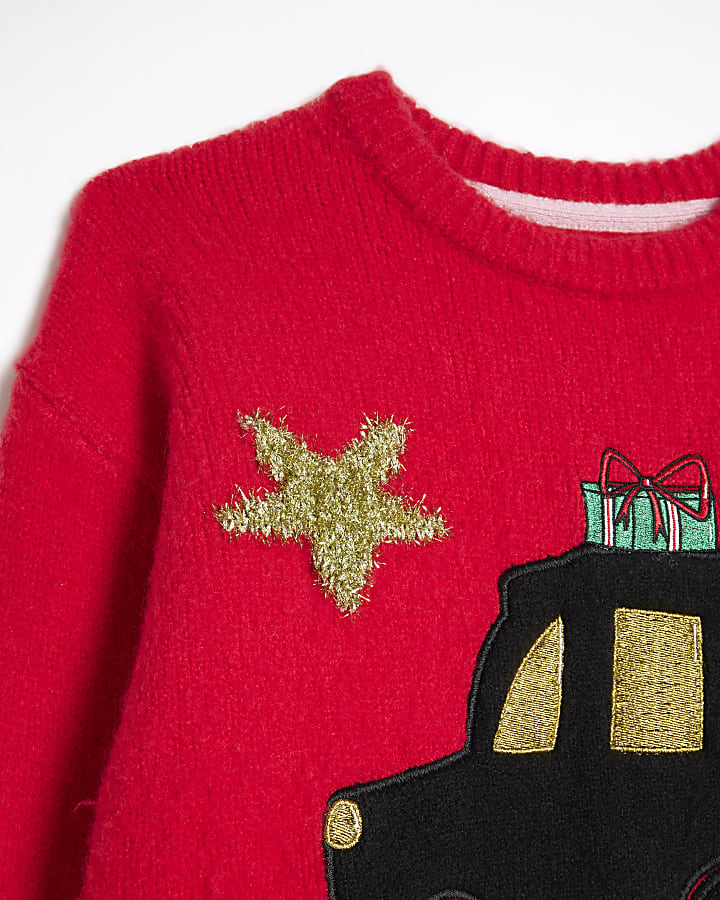 Girls Red Knitted Christmas Taxi Jumper