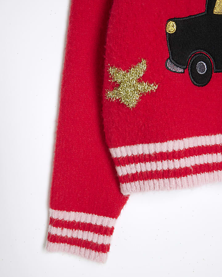 Girls Red Knitted Christmas Taxi Jumper