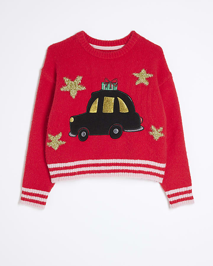 Girls Red Knitted Christmas Taxi Jumper