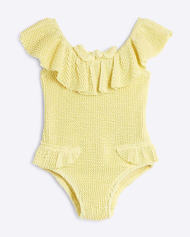 Mini Girls Yellow Textured Frill Swimsuit