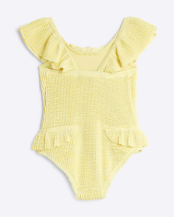 Mini Girls Yellow Textured Frill Swimsuit