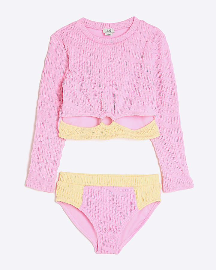 Girls Pink Textured Long Sleeve Bikini Set