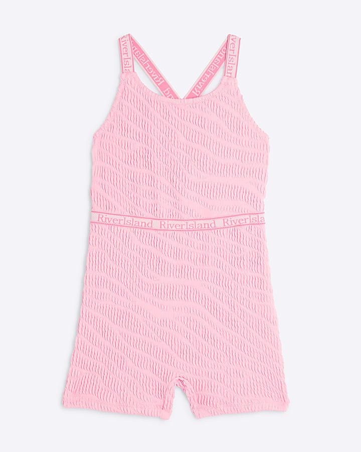 Girls Pink Textured Elastic Unitard Swimsuit