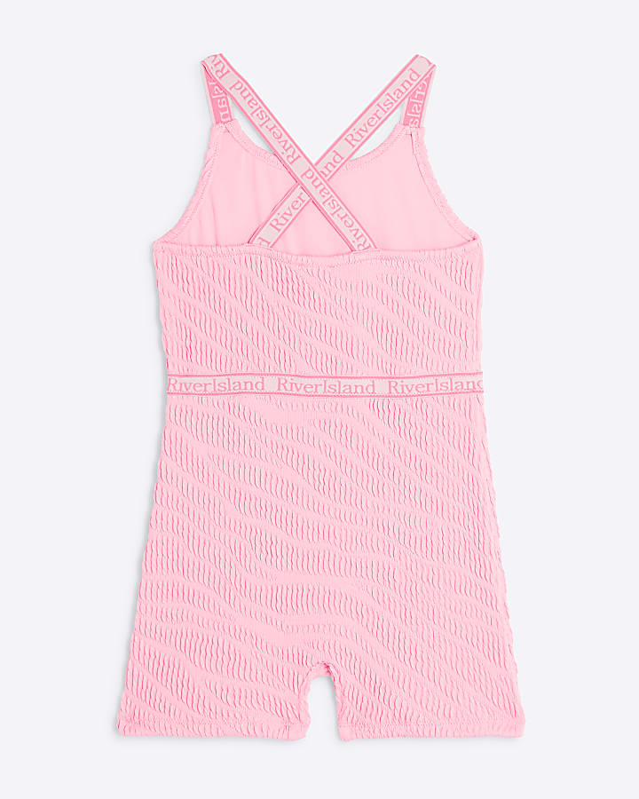 Girls Pink Textured Elastic Unitard Swimsuit