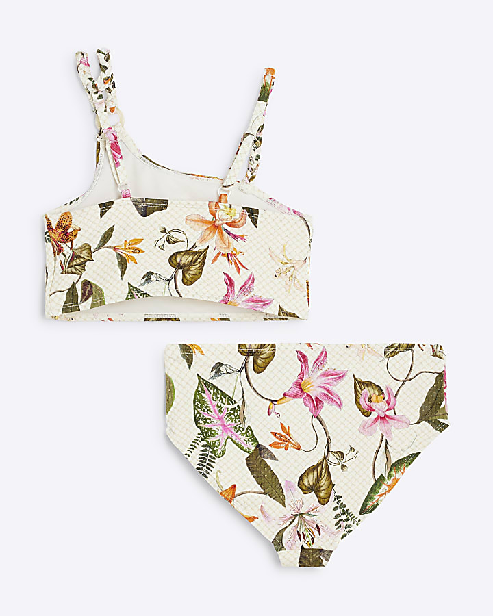 Girls Cream Glitter Tropical Bikini Set