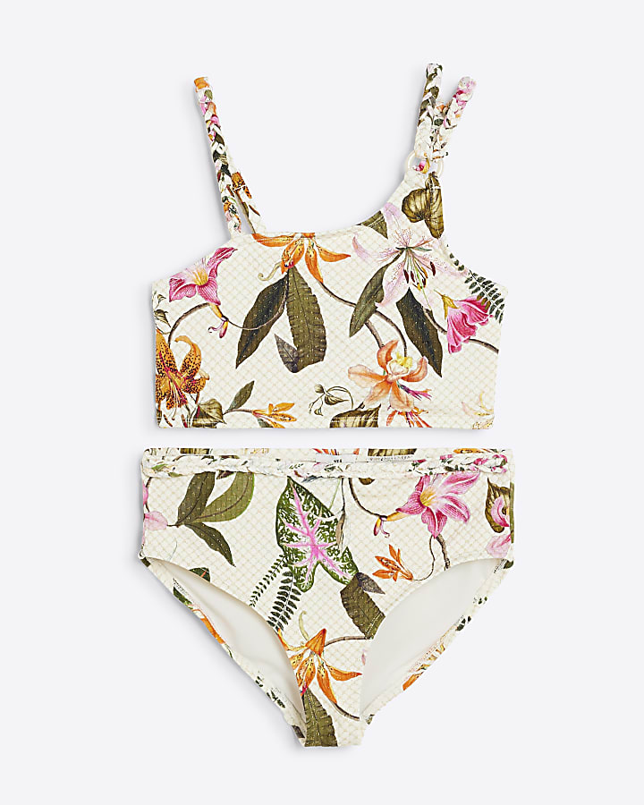 Girls Cream Glitter Tropical Bikini Set