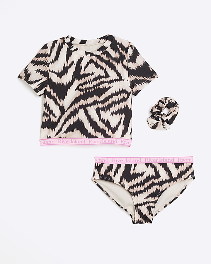 Girls Beige Zebra T-Shirt Bikini Set