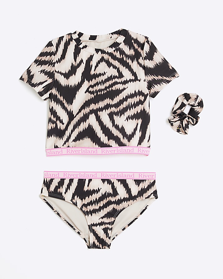 Girls Beige Zebra T-Shirt Bikini Set