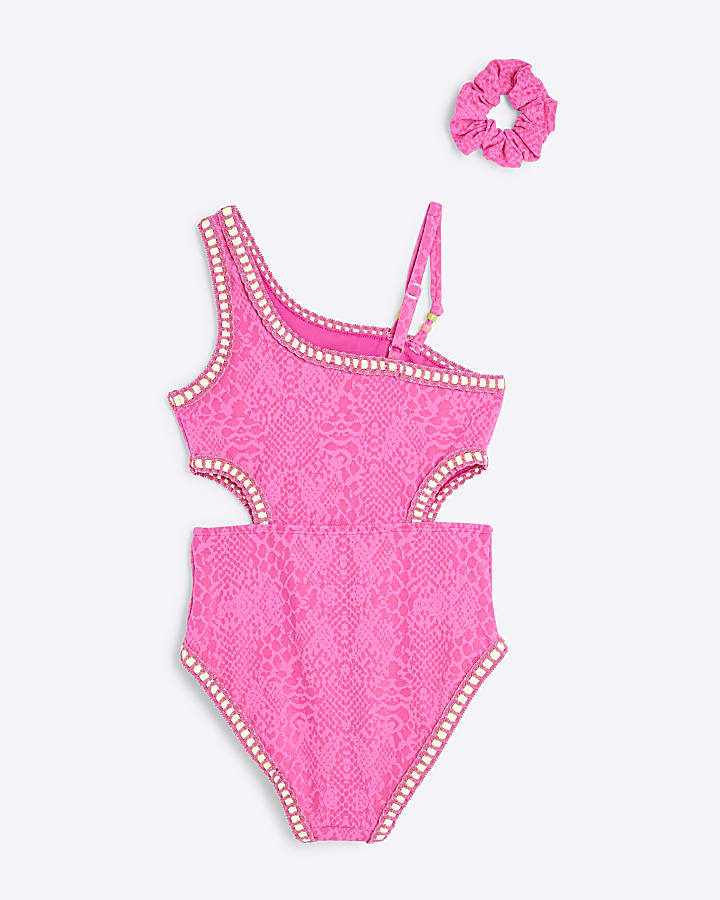 Girls Pink Snake Swimsuit & Scrunchie Set