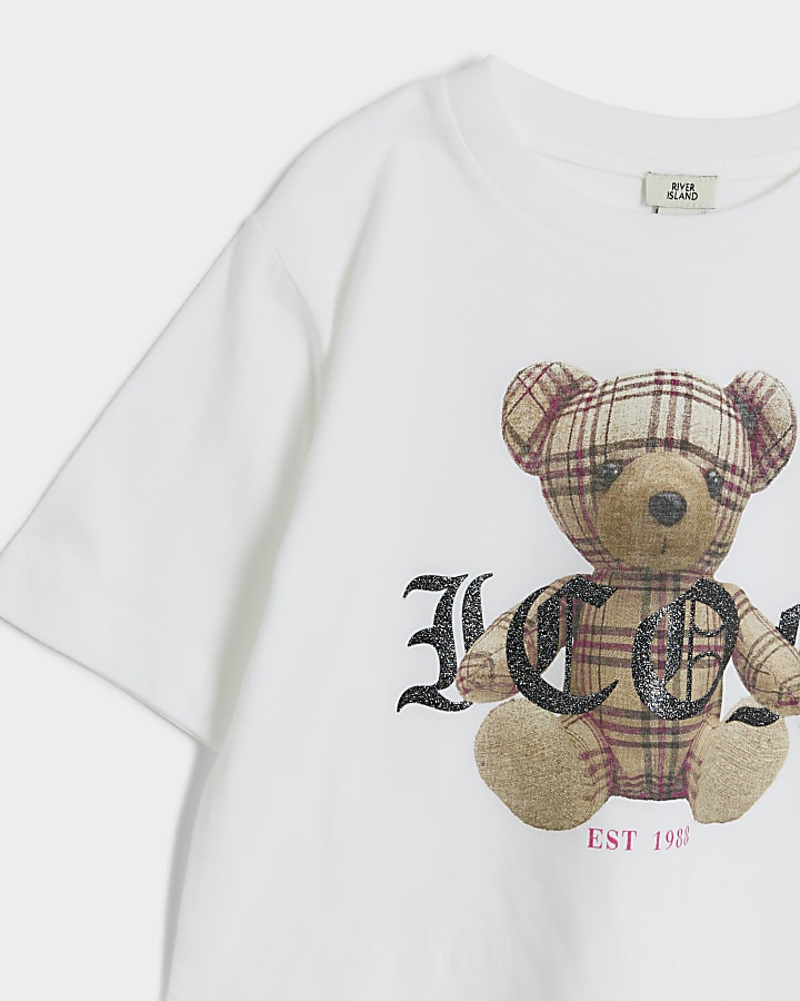 Girls white tartan bear graphic t-shirt