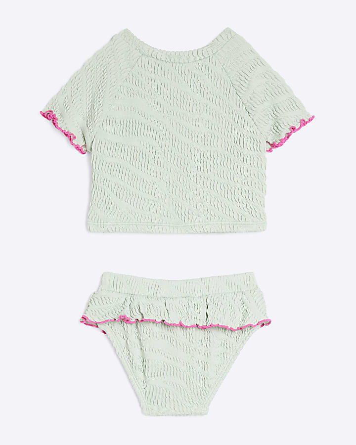 Mini Girls Green Textured T-Shirt Bikini Set