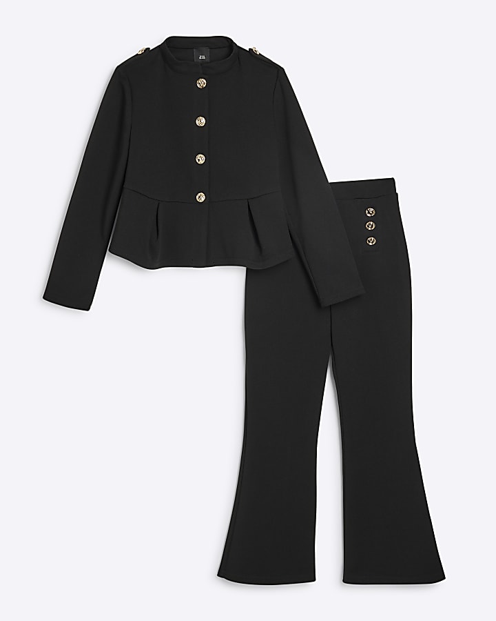 Girls Black Military Jacket And Trousers Set