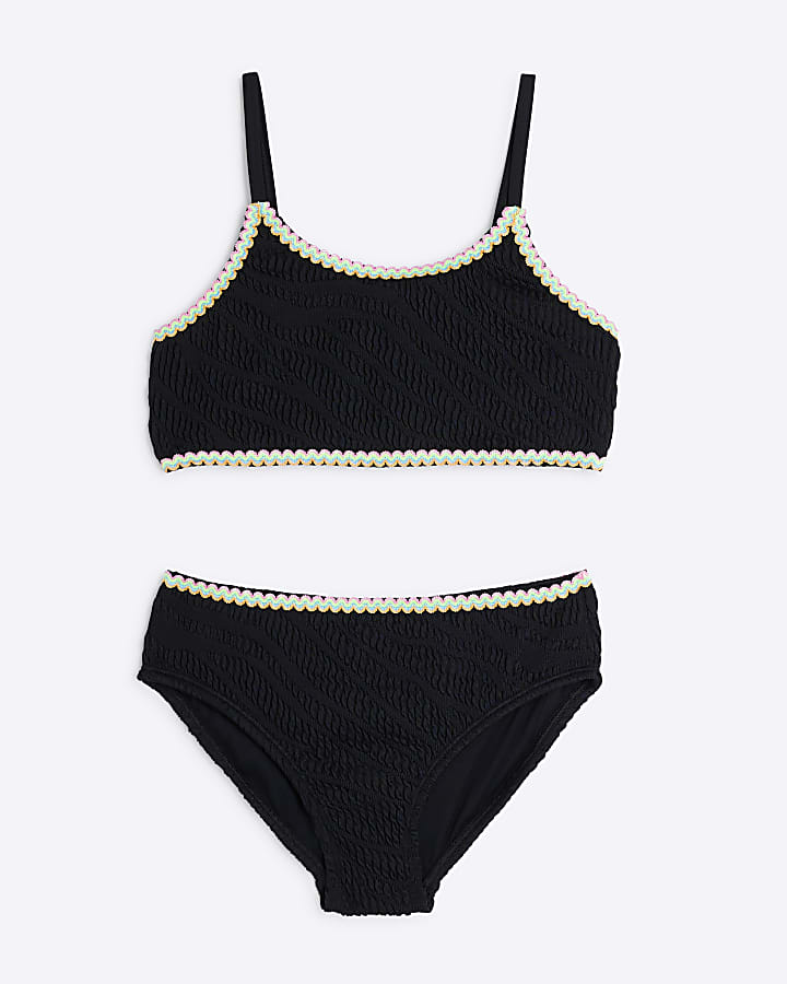 Girls Black Textured Bikini Set