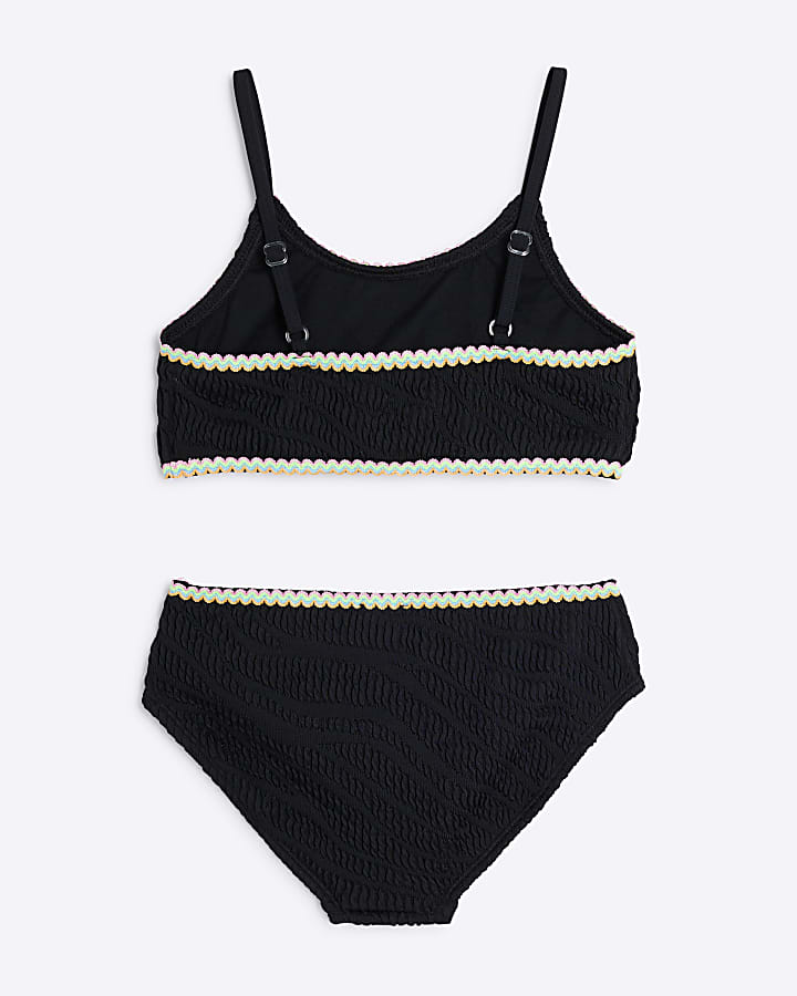 Girls Black Zebra Textured Bikini Set