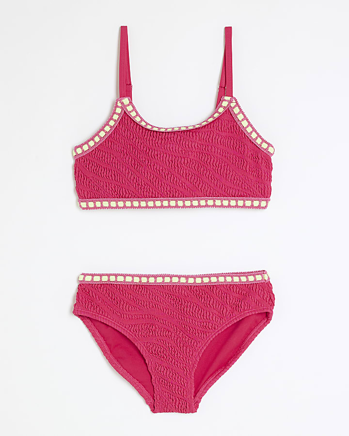 Girls Pink Zebra Textured Bikini Set