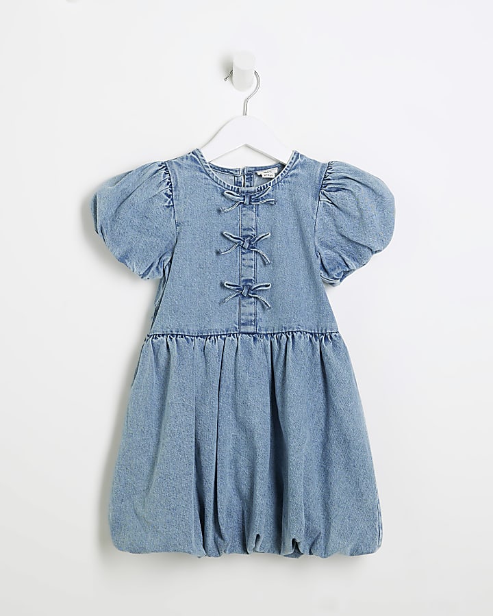 Mini Girls Blue Denim Bow Bubble Hem Dress