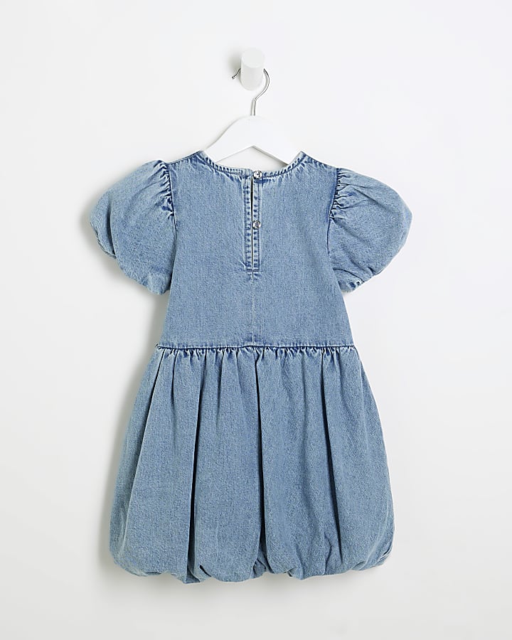 Mini Girls Blue Denim Bow Bubble Hem Dress