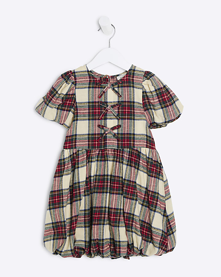 Mini Girls Red Checked Bow Puff Sleeve Dress