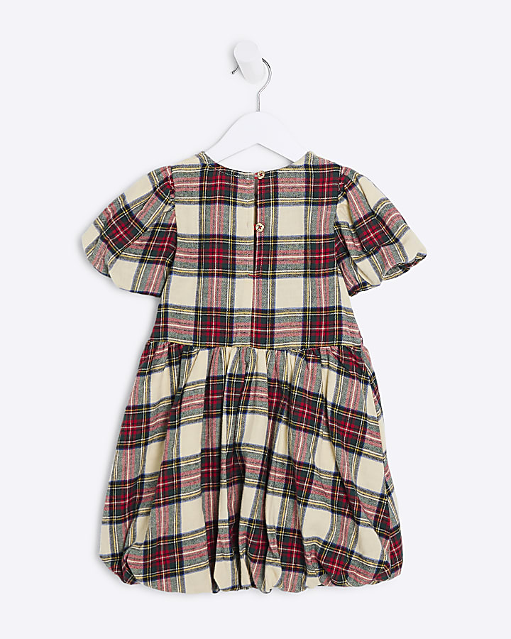 Mini Girls Red Checked Bow Puff Sleeve Dress