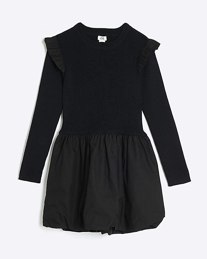 Girls Black Long Sleeve Bubble Hem Dress