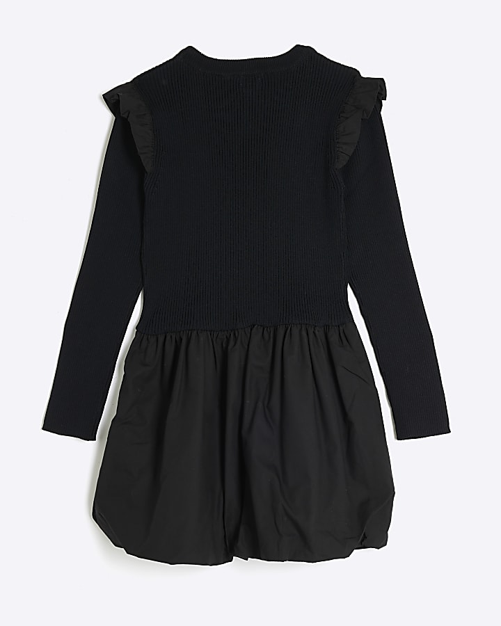 Girls Black Long Sleeve Bubble Hem Dress