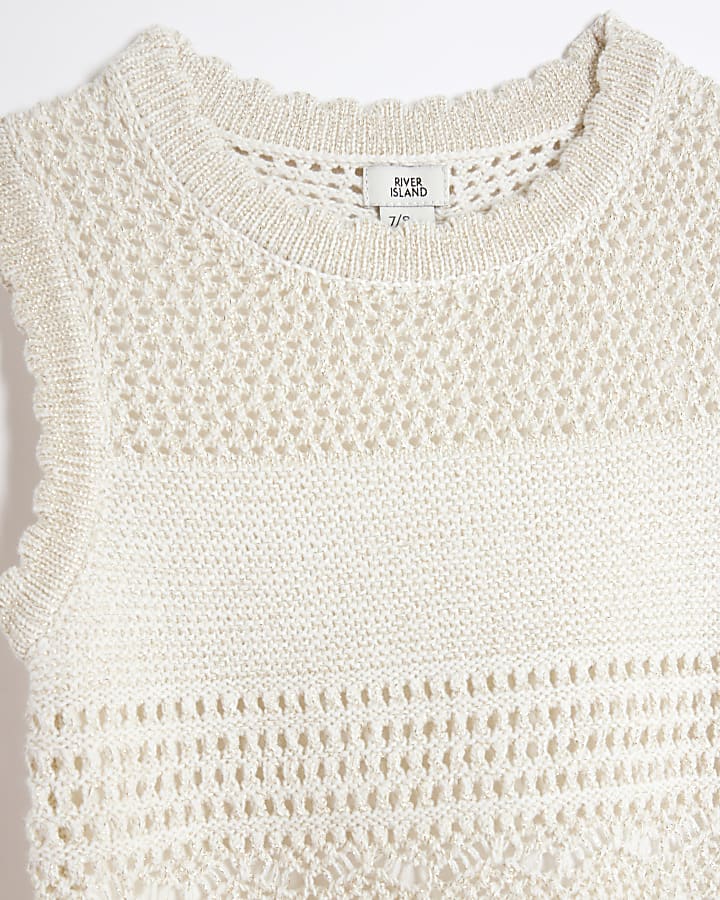 Girls cream crochet top and leopard jeans set