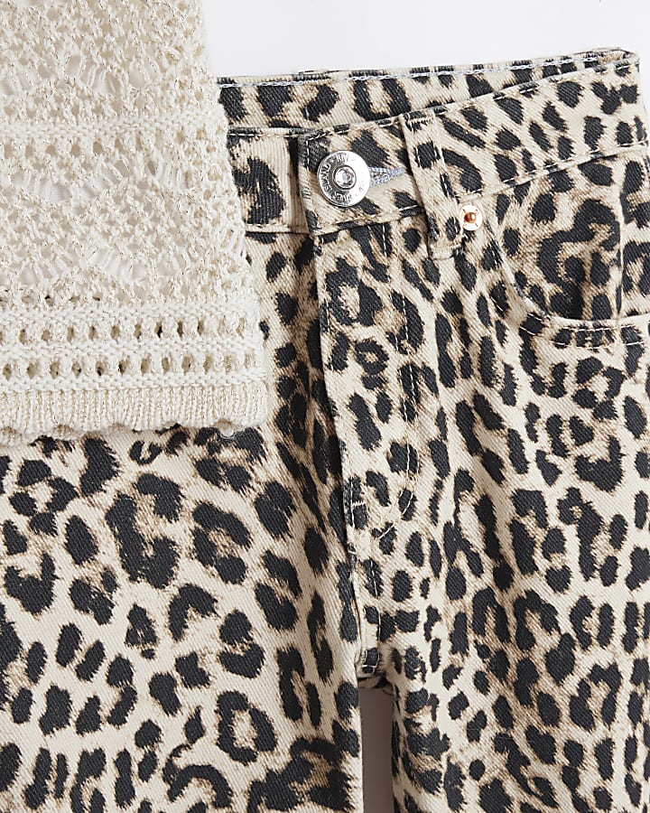 Girls cream crochet top and leopard jeans set