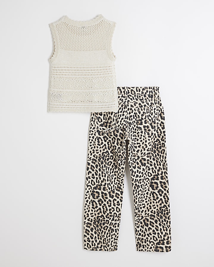 Girls cream crochet top and leopard jeans set