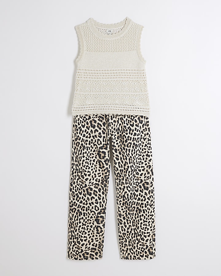 Girls cream crochet top and leopard jeans set