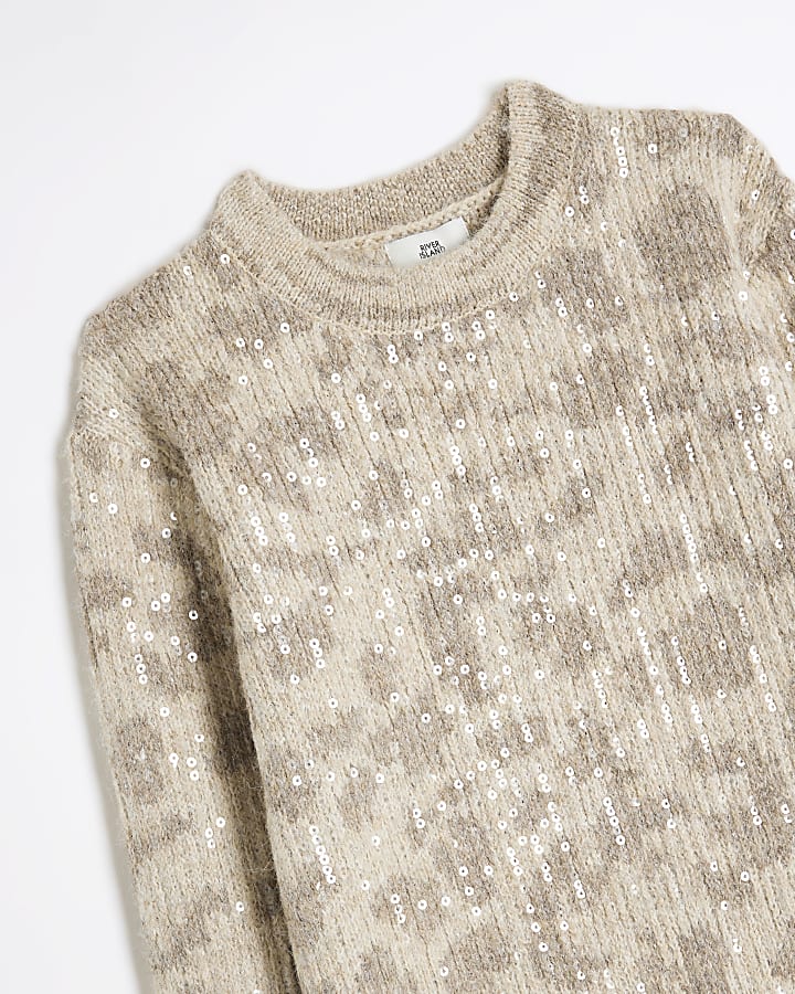 Girls Beige Leopard Print Sequin Jumper Dress