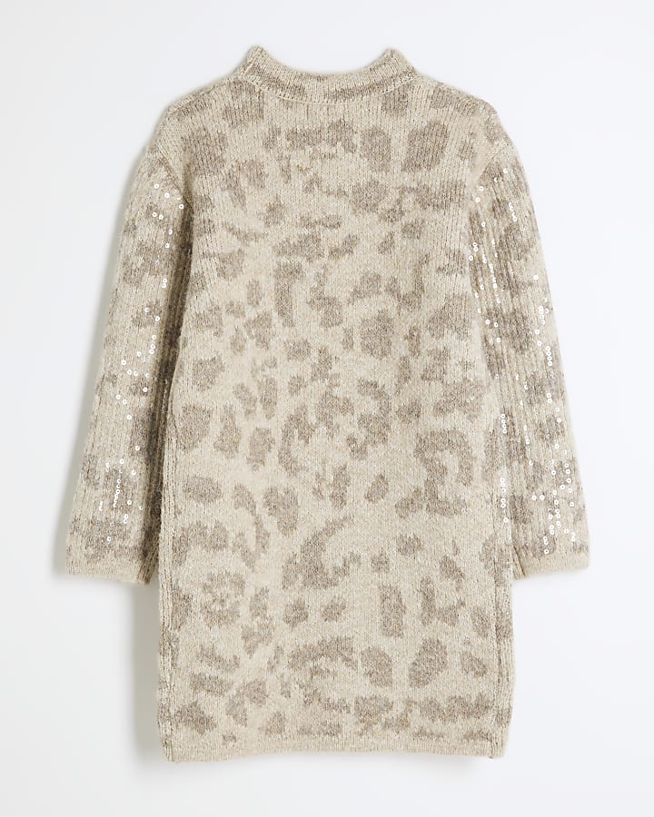 Girls Beige Leopard Print Sequin Jumper Dress