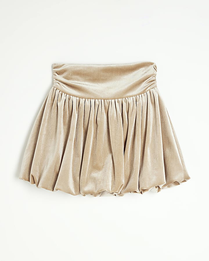 Girls Beige Velour Bubble Hem Skirt