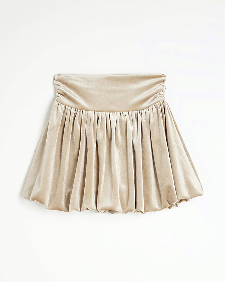 Girls Beige Velour Bubble Hem Skirt