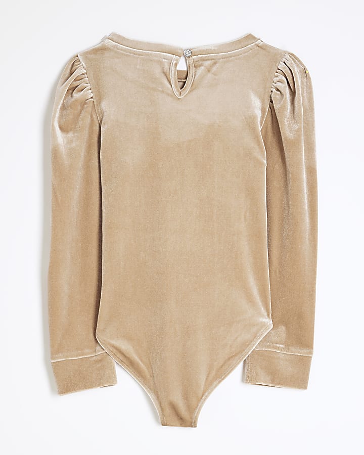 Girls Beige Velour Puff Sleeve Bodysuit