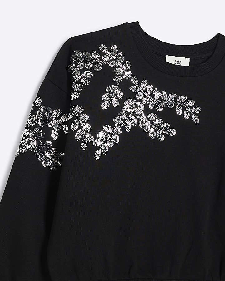 Girls Black Sequin Sweatshirt Set