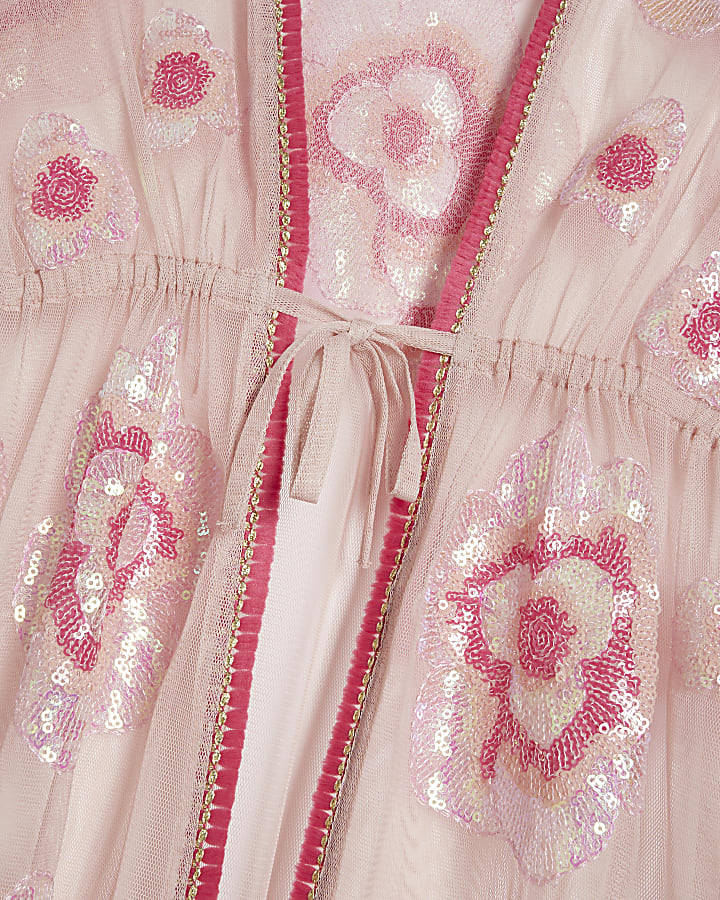 Girls Pink Sequin Flower Kaftan