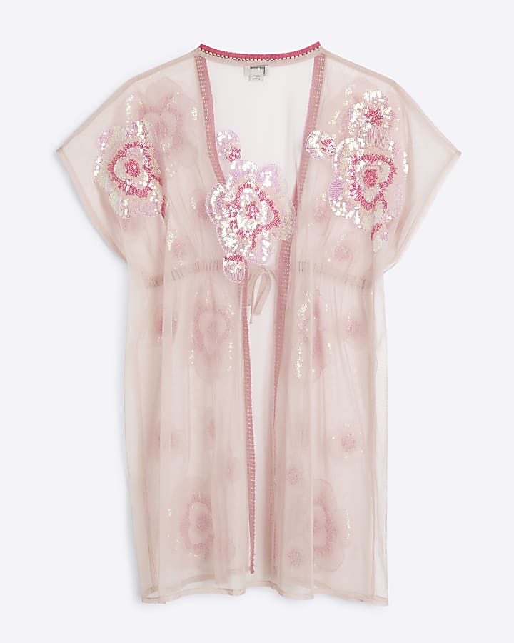Girls Pink Sequin Flower Kaftan