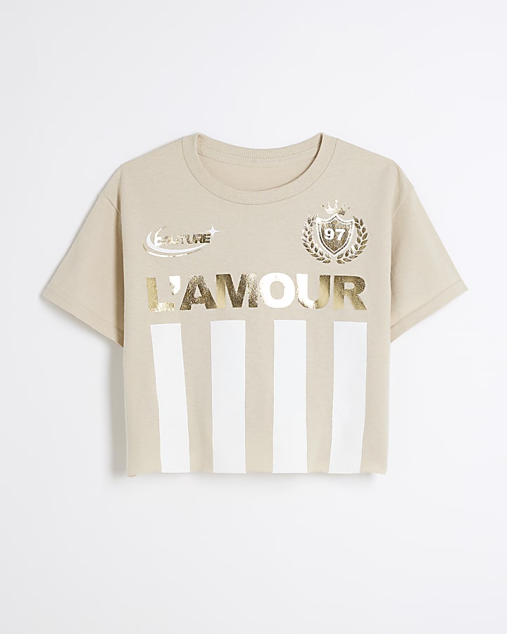 Girls beige foil graphic t-shirt