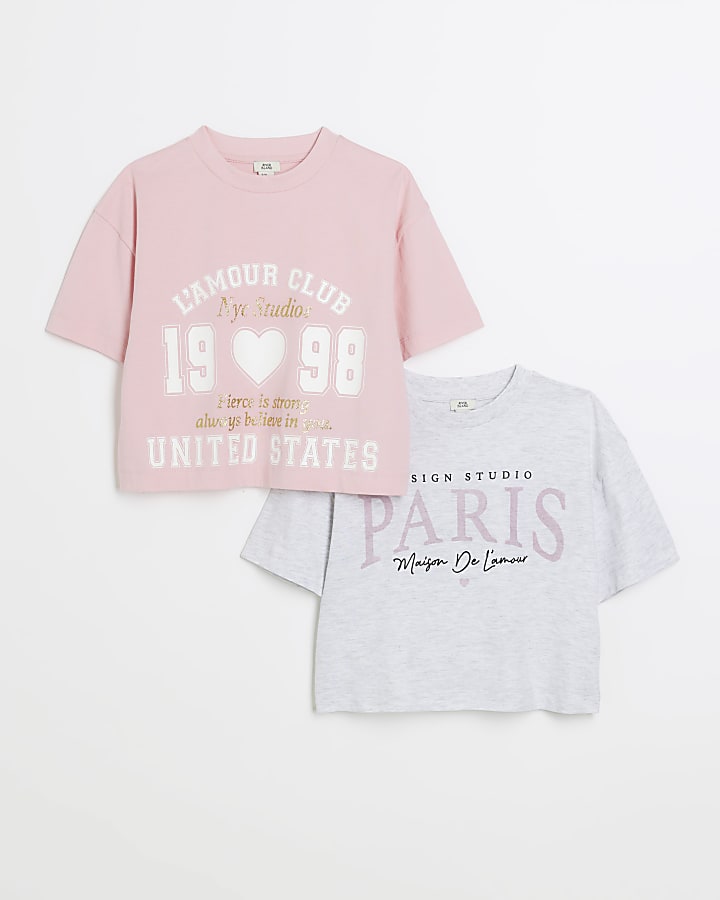 Girls Pink Paris Crop T-Shirt 2 Pack