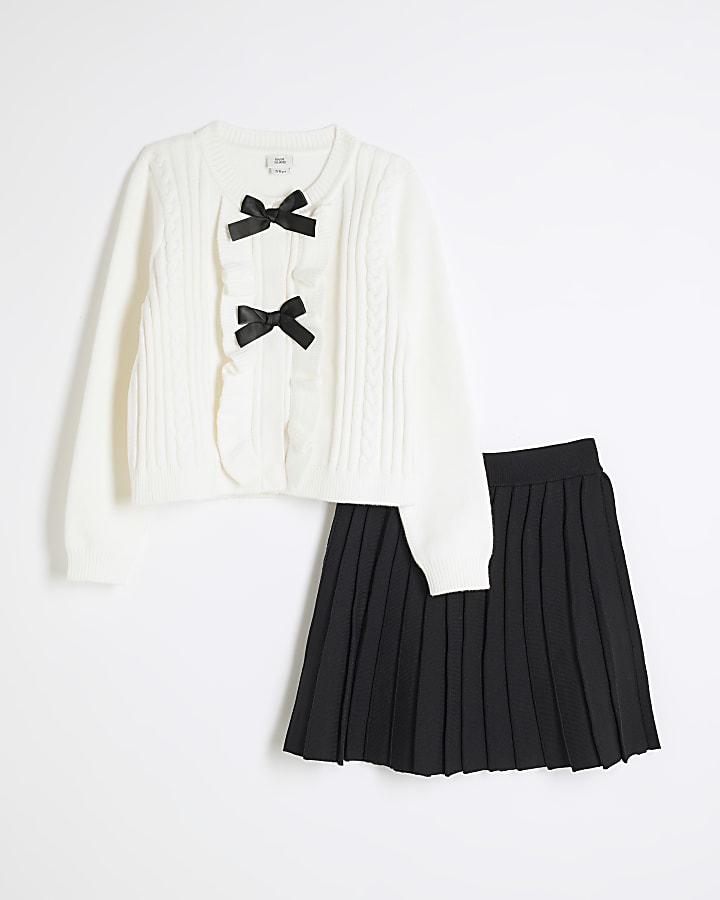 Girls Cream Bow Jumper and Pleated Skirt Set