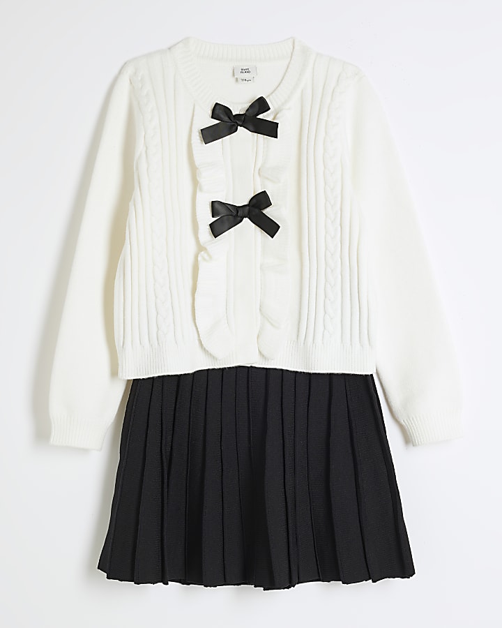 Girls Cream Bow Jumper and Pleated Skirt Set