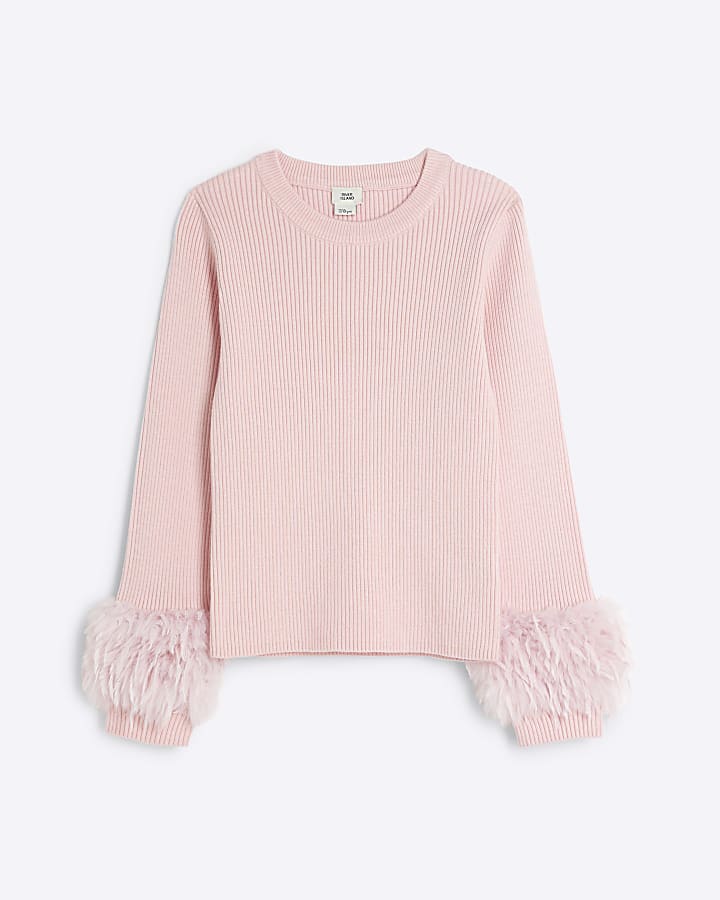 Girls Pink Long Sleeve Feather Cuff Top