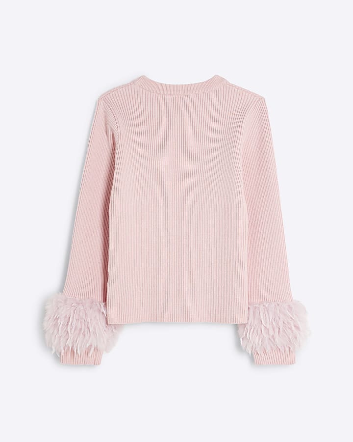 Girls Pink Long Sleeve Feather Cuff Top