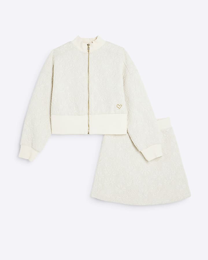 Girls Cream Jacquard Bomber And Skirt Set