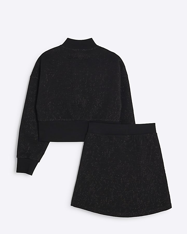 Girls Black Jacquard Bomber And Skirt Set