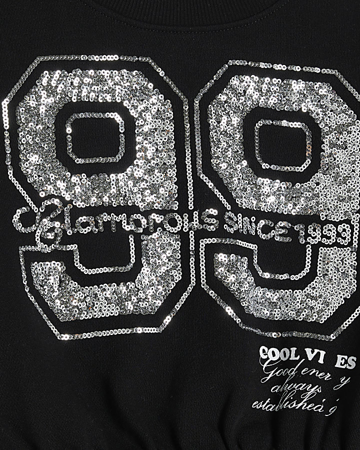 Girls Black Sequin Taped Sweatshirt Set