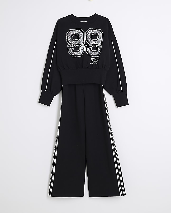 Girls Black Sequin Taped Sweatshirt Set