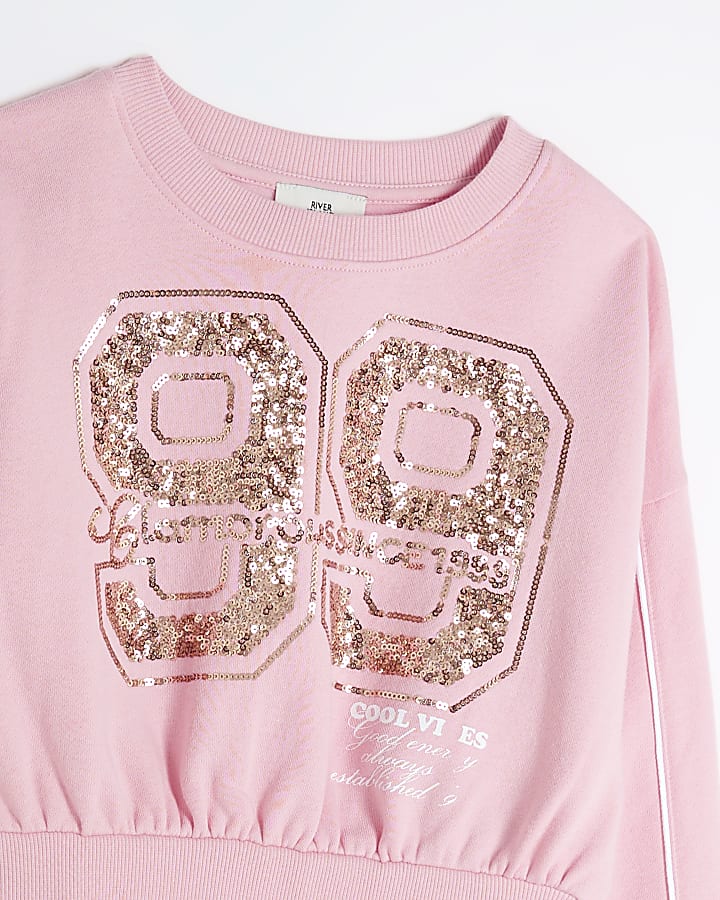 Girls Pink Sequin Taped Sweatshirt Set